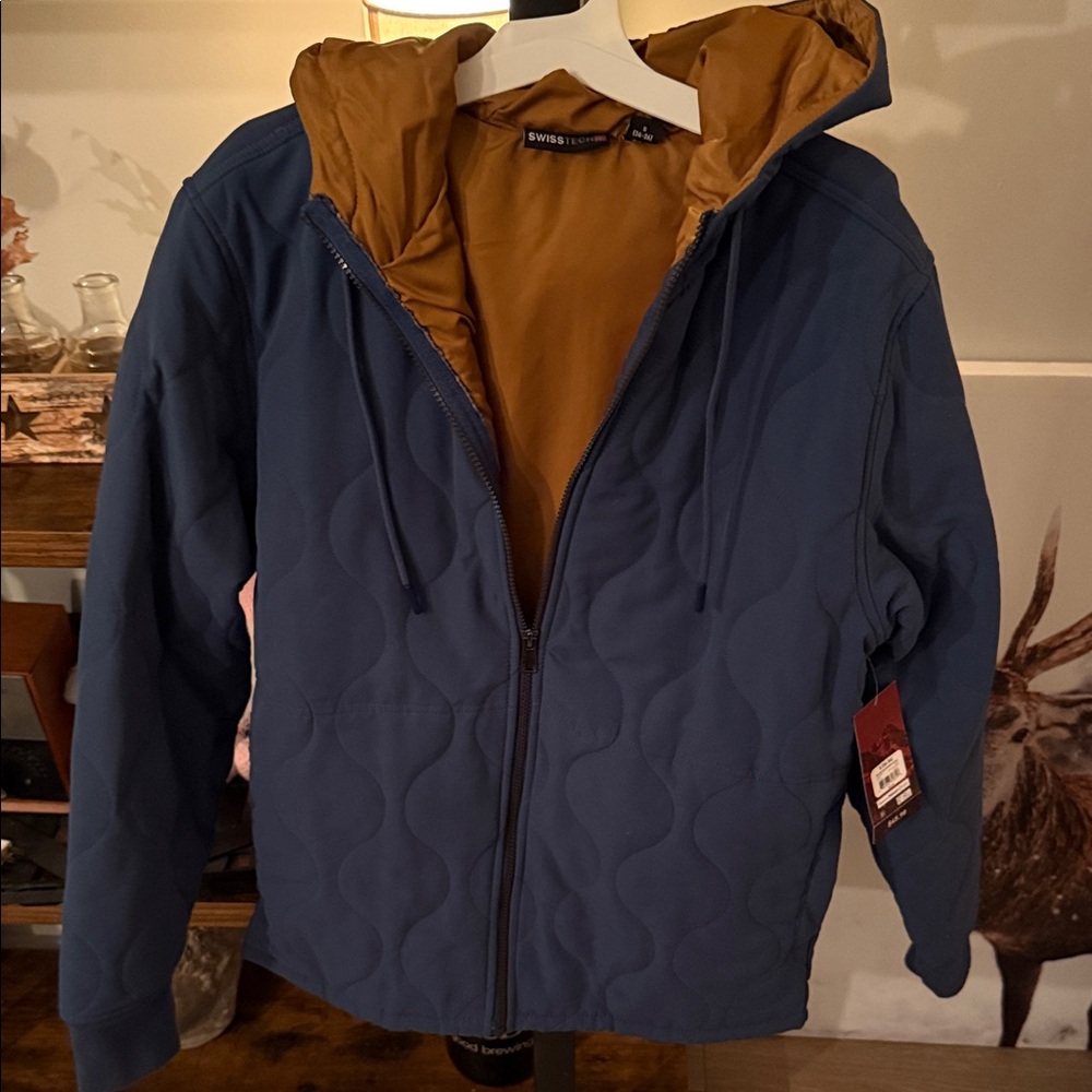 Swiss Tech Blue Jacket with Brown Hood